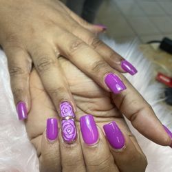 Rose Nails & Spa - Purple square shape nails with beautiful rose and golden chrome.