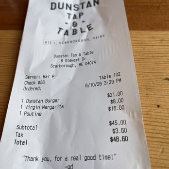 Dunstan Tap & Table - bill - Burgers Near Me - Scarborough, Maine