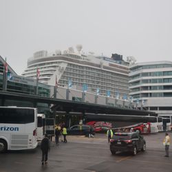 Port de Québec - View of the docked Norwegian Joy from the port side. There's appropriately a lot of bus capacity here also.