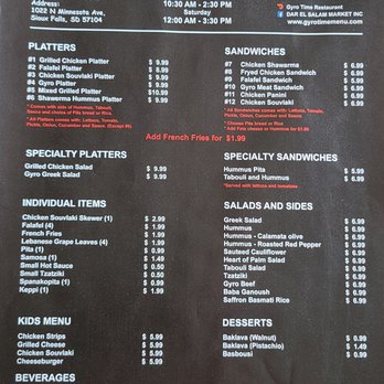 Gyro Time - Menu as of May 2023 - Sandwiches Near Me - Sioux Falls, South Dakota