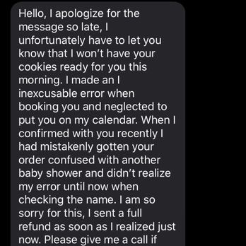 Cakes by Allie - a text message sent by a customer - Bakeries Near Me