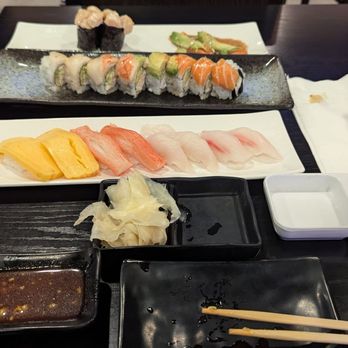 Sushi Okoku - Scallop roll, salmon carpaccio sashimi, rainbow roll, sweet egg sushi, crab sushi, escolar sushi, and tilapia sushi. - Sushi Bars Near Me - Riverside, California