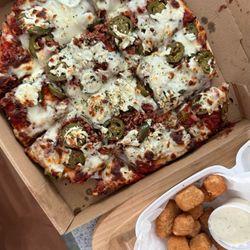 Hilltop East Tavern - 10" pizza with bacon and jalapeño (spicy!) and pepperjack cheeseballs with ranch