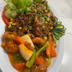 Shrimp fried rice sweet and sour chicken