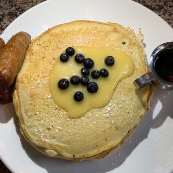 Baker's Crust - Lemon curd and blueberry pankcakes with a side of maple sausage links - Bakeries Near Me - Norfolk, Virginia Baker's Crust - Lemon curd and blueberry pankcakes with a side of maple sausage links - Bakeries Near Me - Norfolk, Virginia