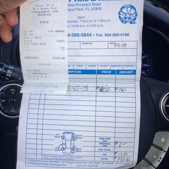 Prospect Tire - Receipt from September 2019 ($60 for three used tires...with the fee & taxes added to it). - Tires Near Me - Oakland Park, Florida Prospect Tire - Receipt from September 2019 ($60 for three used tires...with the fee & taxes added to it). - Tires Near Me - Oakland Park, Florida