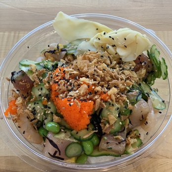 Pokeworks - Albacore tuna, shrimp, ponzu sauce, mango, cucumber, jalapeño, ginger, edamame, masago - Hawaiian Near Me - Katy, Texas Pokeworks - Albacore tuna, shrimp, ponzu sauce, mango, cucumber, jalapeño, ginger, edamame, masago - Hawaiian Near Me - Katy, Texas