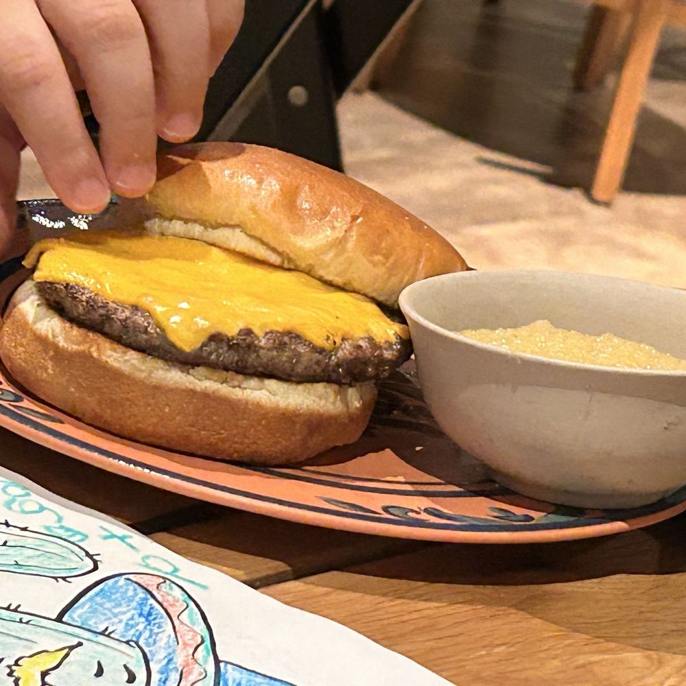 Cinco Ninos - Kids cheeseburger with applesauce. - Mexican Near Me - Wisconsin Dells, Wisconsin Cinco Ninos - Kids cheeseburger with applesauce. - Mexican Near Me - Wisconsin Dells, Wisconsin