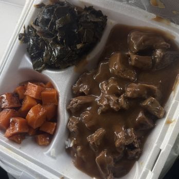 Just Like Momma's - Beef tips and rice with yams and collards - American Near Me - High Point, North Carolina