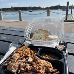 Social Q Smokehouse - Pulled pork, brisket, chicken with dirty rice and bbq beans.