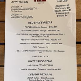 Ria Pizzeria Menu Ria Pizzeria Menu