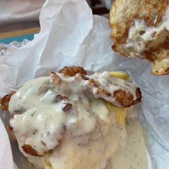 Hola Adios Coffeeshop - Fried chicken and egg biscuit with gravy - Coffee & Tea Near Me - Costa Mesa, California Hola Adios Coffeeshop - Fried chicken and egg biscuit with gravy - Coffee & Tea Near Me - Costa Mesa, California