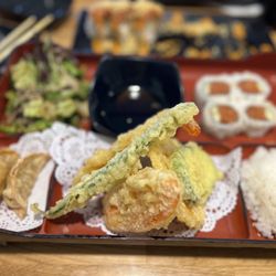 Jin Sushi - Lunch bento, tempura, spicy tuna roll and a hot night roll in the back