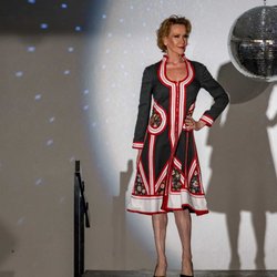 Misty wearing a vintage Malcolm Starr coat dress as previously worn by Agnes Moorehead