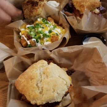 The Biscuit Bar - The Hot Hot Chicken featuring our Fully Loaded Style tots with the "supposedly double bacon" - Breakfast & Brunch Near Me - Plano, Texas The Biscuit Bar - The Hot Hot Chicken featuring our Fully Loaded Style tots with the "supposedly double bacon" - Breakfast & Brunch Near Me - Plano, Texas