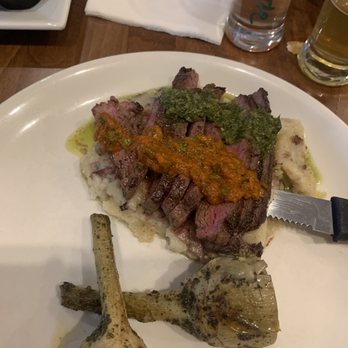 Pecos Flavors Winery + Bistro - Bone marrow mashed potatoes with steak, green and red chillis with a side of artichokes. - Wineries Near Me - Roswell, New Mexico