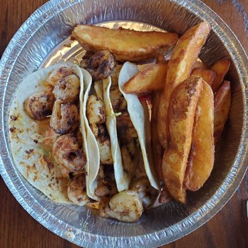 Never Enough Thyme Halcyon - Cajun shrimp tacos with fries - Cafes Near Me - Alpharetta, Georgia