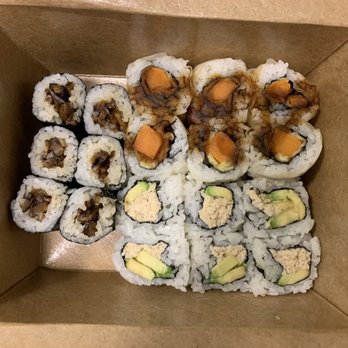 Shizen - California Roll (bottom right), Sweet Potato Tempura Roll (top right), Shiitake Mushroom Roll (left) - Sushi Bars Near Me - San Francisco, California Shizen - California Roll (bottom right), Sweet Potato Tempura Roll (top right), Shiitake Mushroom Roll (left) - Sushi Bars Near Me - San Francisco, California
