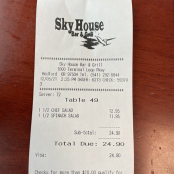 Sky House Bar and Grill - Receipt showing date, time, server #, of our meal.  To bad this is the only sit down place in the Medford Airport. - Bars Near Me - Medford, Oregon