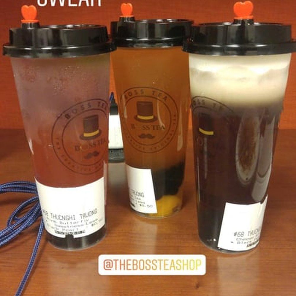 Boss Tea - From L to R - Pink Butterfly [comes with strawberries and one of their prettiest drinks], peach black tea with boba, and cheese black tea - Bubble Tea Near Me - Tulsa, Oklahoma