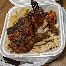 Jerk chicken & Jerk BBQ chicken with rasta pasta and cabbage,