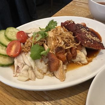 Uncle Ray's - Trio plate! Poached Chicken + Roasted Chicken + Char Siu Rice - Singaporean Near Me - New York, New York Uncle Ray's - Trio plate! Poached Chicken + Roasted Chicken + Char Siu Rice - Singaporean Near Me - New York, New York
