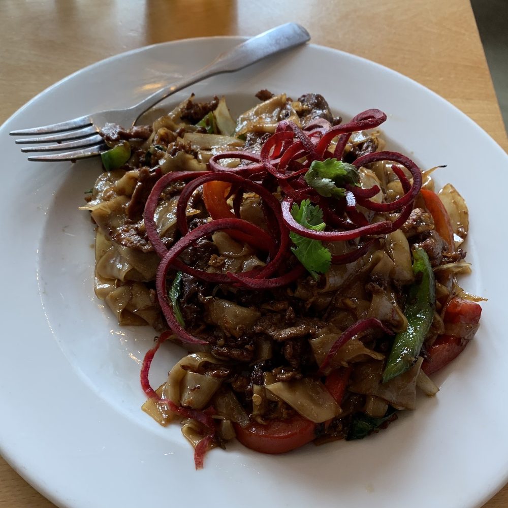 Aloy Modern Thai - Drunken noodle with wagyu beef, with spirals of fresh beets! Warning: spicy level 3 on a scale of 1-5 is no joke! Tread carefully haha! - Thai Near Me - Denver, Colorado