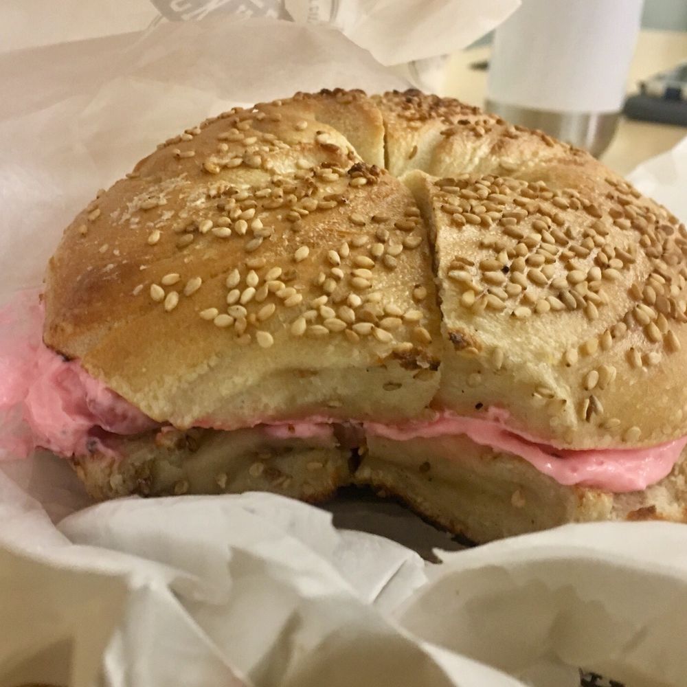 Pick a Bagel - Strawberry Cream Cheese(barely any strawberry taste) w Toasted Sesame Bagel - Bagels Near Me - New York, New York Pick a Bagel - Strawberry Cream Cheese(barely any strawberry taste) w Toasted Sesame Bagel - Bagels Near Me - New York, New York
