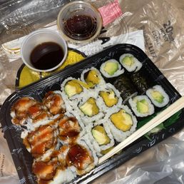 Sweet potato tempura roll, mango roll, avocado roll