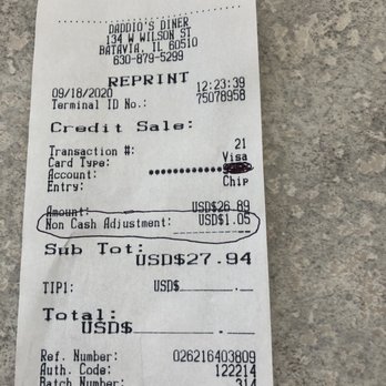 Daddio's Diner - Upcharge for using a card that we weren't told about! - Diners Near Me - Batavia, Illinois