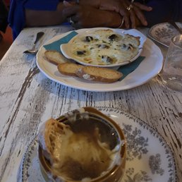Escargot (back) French onion soup (front) Escargot (back) French onion soup (front)