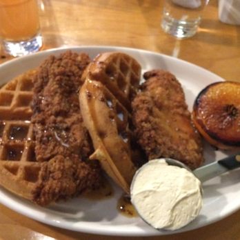 Rooster - Chicken and waffles with mustard maple syrup and miso butter...a must try! - New American Near Me - Newington, Connecticut