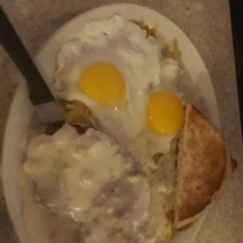 Beth's Cafe - Chicken fried steak with sunny side up eggs and white toast. Also comes with unlimited hash brown. - American Near Me - Seattle, Washington Beth's Cafe - Chicken fried steak with sunny side up eggs and white toast. Also comes with unlimited hash brown. - American Near Me - Seattle, Washington
