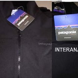 Patagonia jacket with company name on upper sleeve