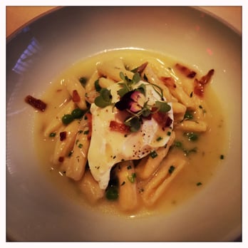 Lorena's - Poached egg over pasta with smoke bacon as a first course - French Near Me - Maplewood, New Jersey Lorena's - Poached egg over pasta with smoke bacon as a first course - French Near Me - Maplewood, New Jersey