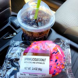 7-Eleven - Redeemed my free large soda and pink donut sprinkle too! Thank you, 7-11 for my delicious 3pm treat!