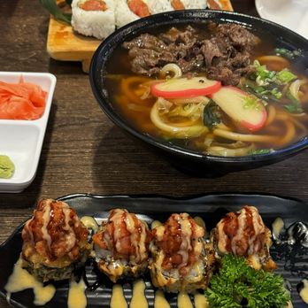 Rock N Roll Sushi - beef Udon with Beef Spicy Tuna Roll Fire Ball Roll - Sushi Bars Near Me - San Bernardino, California Rock N Roll Sushi - beef Udon with Beef Spicy Tuna Roll Fire Ball Roll - Sushi Bars Near Me - San Bernardino, California