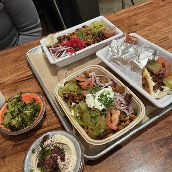 Mazra - Roasted veggies and hummus on the left Fries in the middle  Plate on top  Street Style Wrap on the right - Middle Eastern Near Me - San Bruno, California