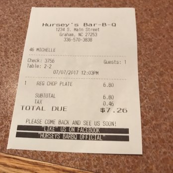 Hursey's Bar-B-Q - ows receipt - Barbeque Near Me - Graham, North Carolina
