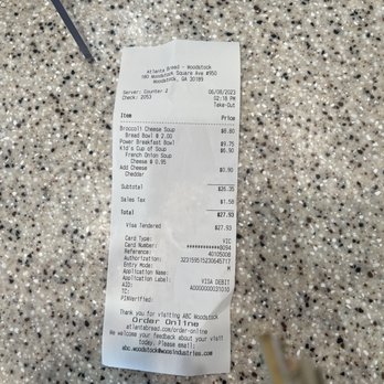 Atlanta Bread - Prices charged, including the item I didn't order. - Sandwiches Near Me - Woodstock, Georgia