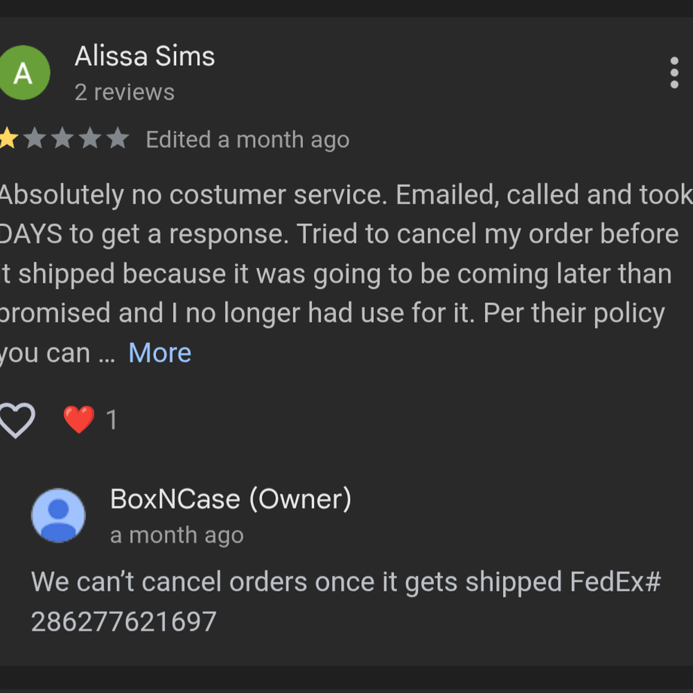 Box N Case - "We can't cancel orders once it gets shipped" (they ship orders even after you try to cancel with them so they don't have to refund you) - Wholesale Stores Near Me - Commack, New York Box N Case - "We can't cancel orders once it gets shipped" (they ship orders even after you try to cancel with them so they don't have to refund you) - Wholesale Stores Near Me - Commack, New York
