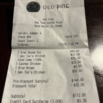 Red Pine - Receipt - Chinese Near Me - Boca Raton, Florida Red Pine - Receipt - Chinese Near Me - Boca Raton, Florida