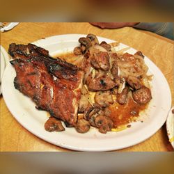 Texas Roadhouse - Sirloin* & Ribs, added onions & mushrooms w/ loaded mash and corn