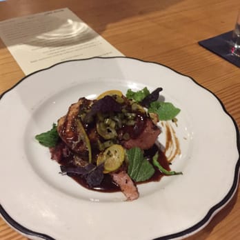 Odd Duck - Pork belly with cheddar rice cake and sliced kumquats! (Red wine sauce) - American Near Me - Austin, Texas Odd Duck - Pork belly with cheddar rice cake and sliced kumquats! (Red wine sauce) - American Near Me - Austin, Texas