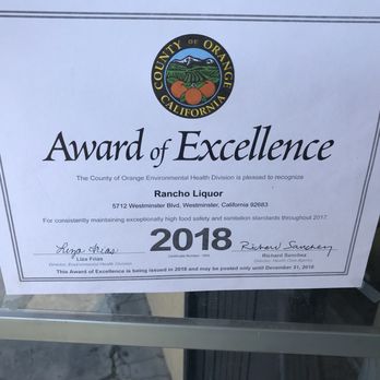 Rancho Liquor - award of excellence sign - Beer, Wine & Spirits Near Me - Westminster, California Rancho Liquor - award of excellence sign - Beer, Wine & Spirits Near Me - Westminster, California