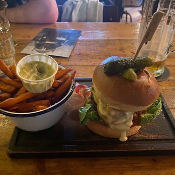 Cannibale Royale - "La Classique" burger with yam fries. I'd do that again! - Modern European Near Me - Amsterdam, New Hampshire Cannibale Royale - "La Classique" burger with yam fries. I'd do that again! - Modern European Near Me - Amsterdam, New Hampshire