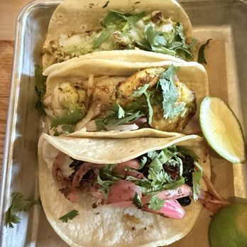 Bartaco Hilldale - Top to bottom: chicken verde taco, chile-lime shrimp taco, and pork belly taco - Tacos Near Me - Madison, Wisconsin