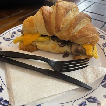 Coffee Me Crazy - Vegan Egg, Cheese, and Mushroom Sandwich on a Croissant - Coffee & Tea Near Me - San Antonio, Texas