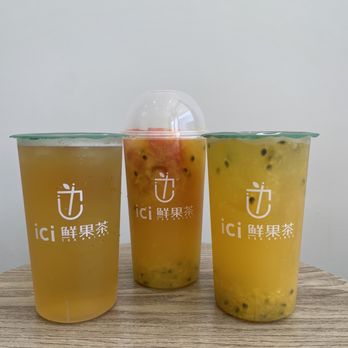 ICI Tea Drinks - Left: jasmine green tea Middle: tropical fruit tea Right: orange passion fruit tea - Bubble Tea Near Me - San Gabriel, California ICI Tea Drinks - Left: jasmine green tea Middle: tropical fruit tea Right: orange passion fruit tea - Bubble Tea Near Me - San Gabriel, California