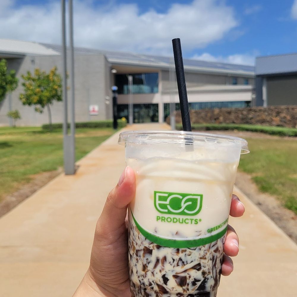 831 Cafe - Holding an Iced Cloud Coffee Drink ($5.79) in front of the ACM (Creative Media) Building! - Cafes Near Me - Kapolei, Hawaii